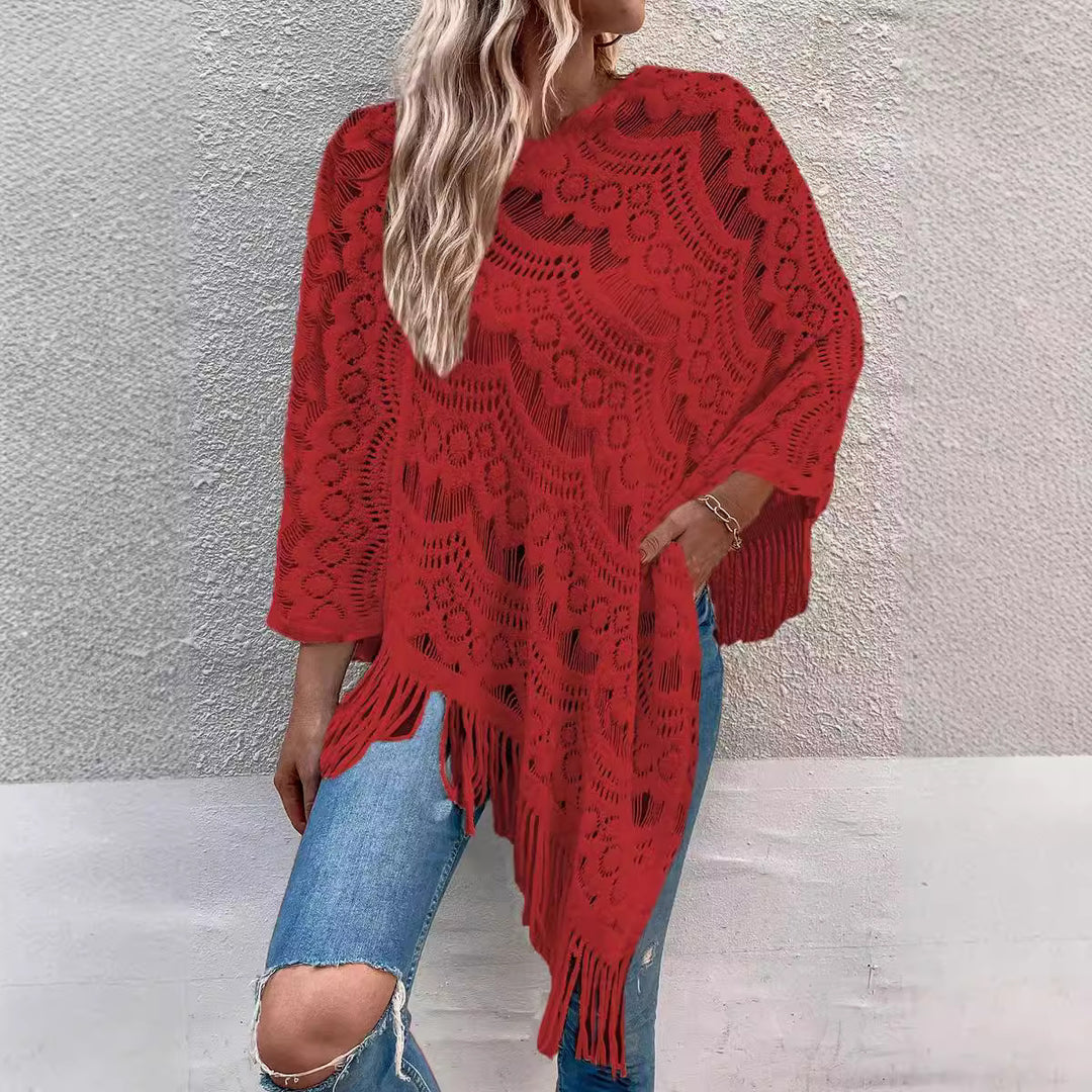Damen Strickponcho mit elegantem Fransen-Design Drune