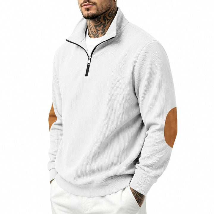 Herren nan Halbzip-Sweatshirt mit Stehkragen, feiner Waffelstruktur und Lederoptik-Ellenbogenpatchs Drune