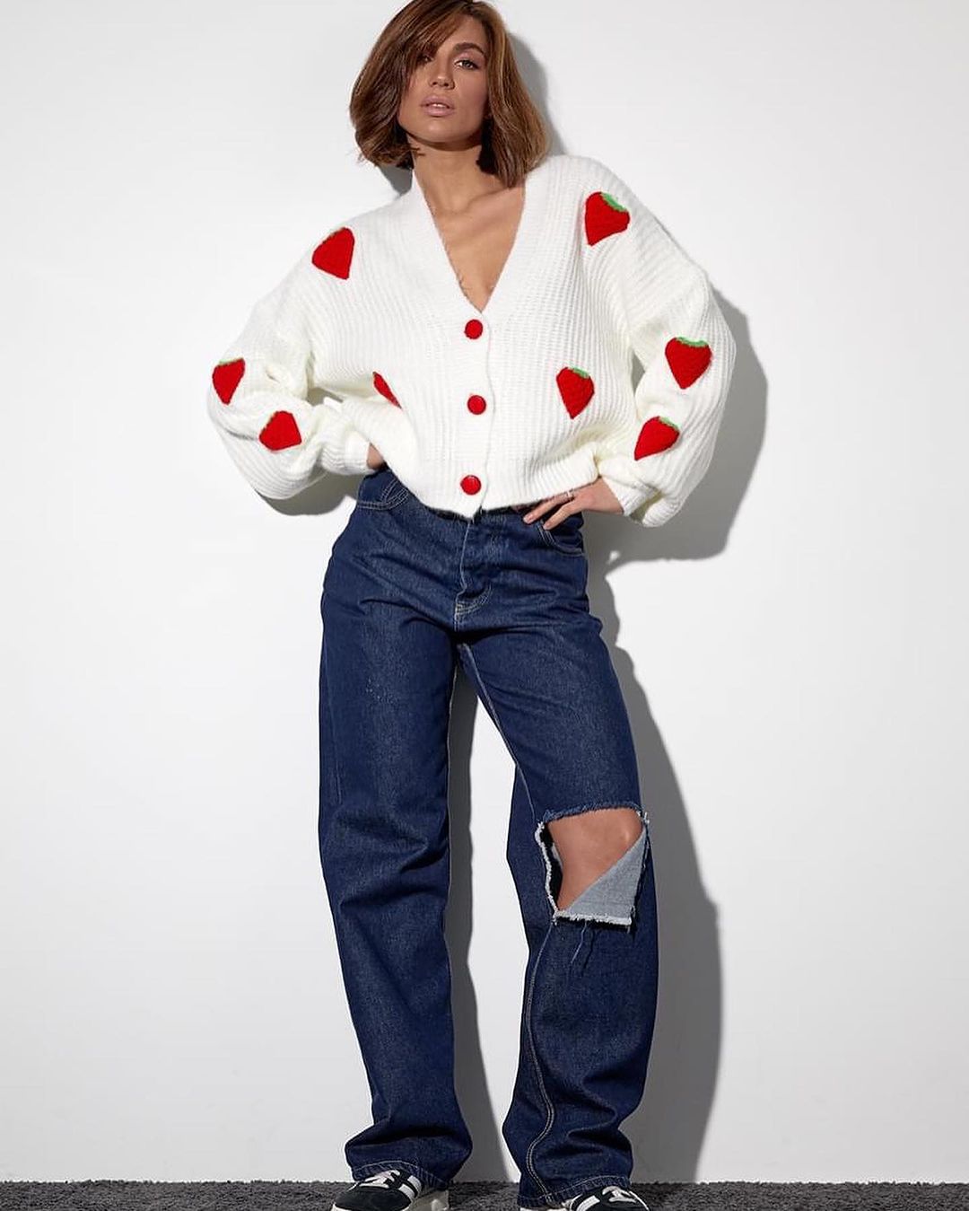Damen Strickjacke mit fruchtigem Applikationsdesign Drune