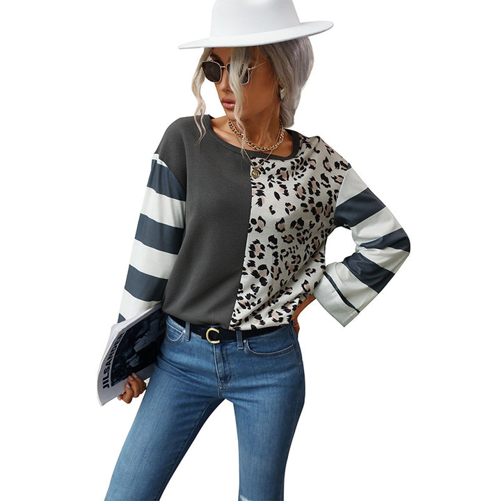 Damen Trendige langärmelige Bluse mit tierischem Print und Streifenmuster Drune
