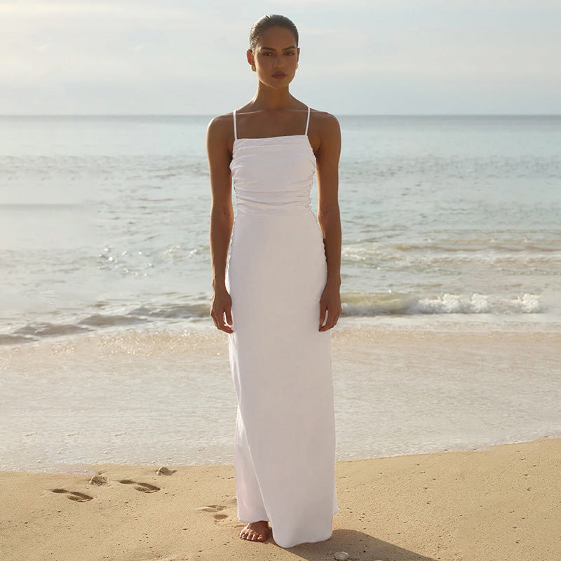 Damen elegantes Maxikleid mit raffiniertem Raffung und verstellbaren Spaghettiträgern Drune