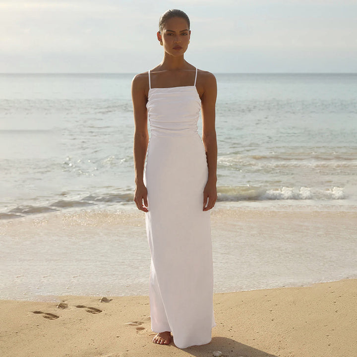 Damen elegantes Maxikleid mit raffiniertem Raffung und verstellbaren Spaghettiträgern Drune
