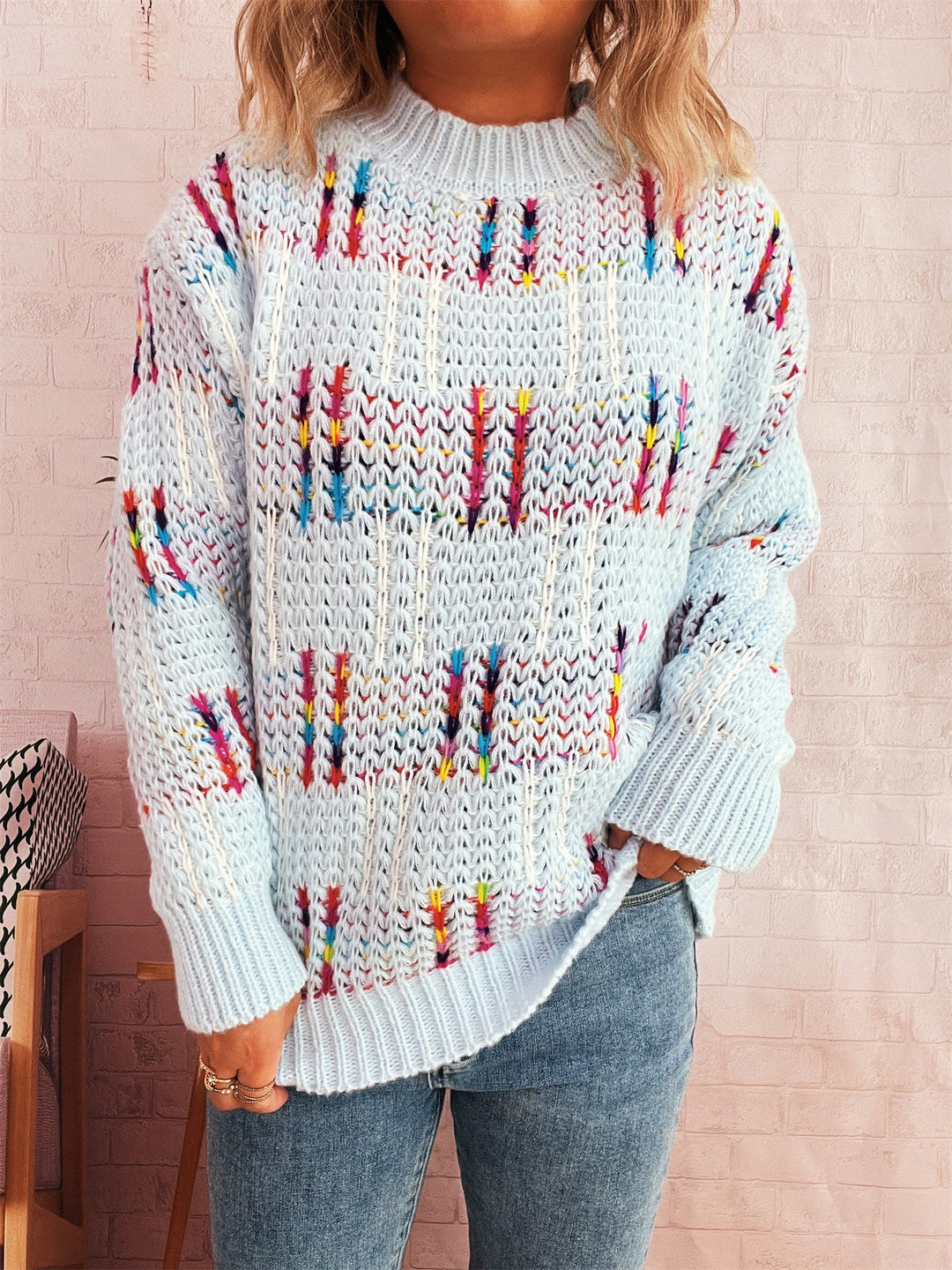 Damen lässiger Strickpullover mit vielseitigem Farbenspiel und hohem Kragen Drune