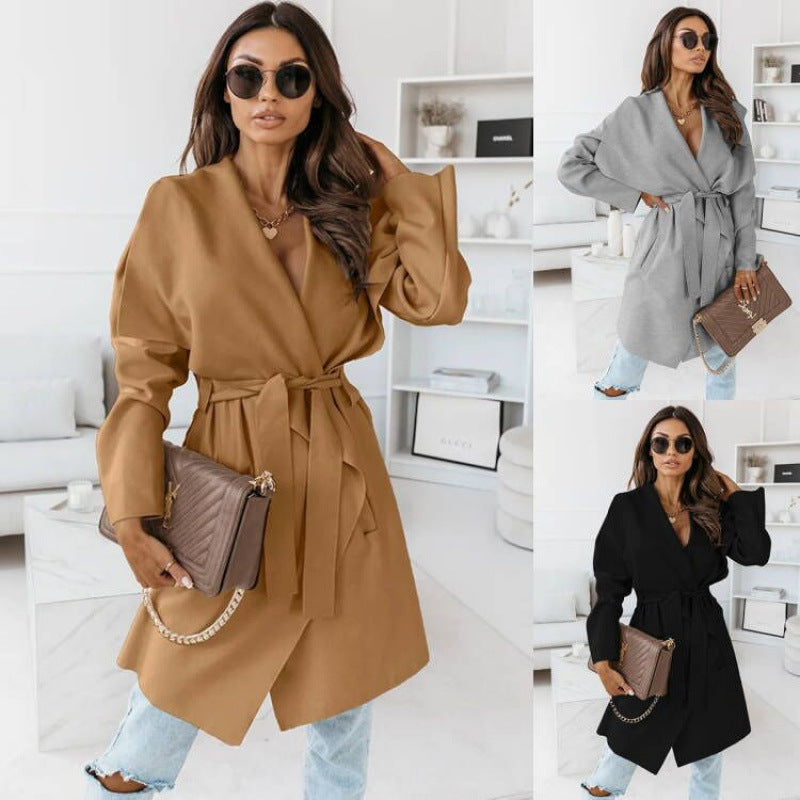 Damen lässiger Oversize-Mantel mit Wickelgürtel Drune