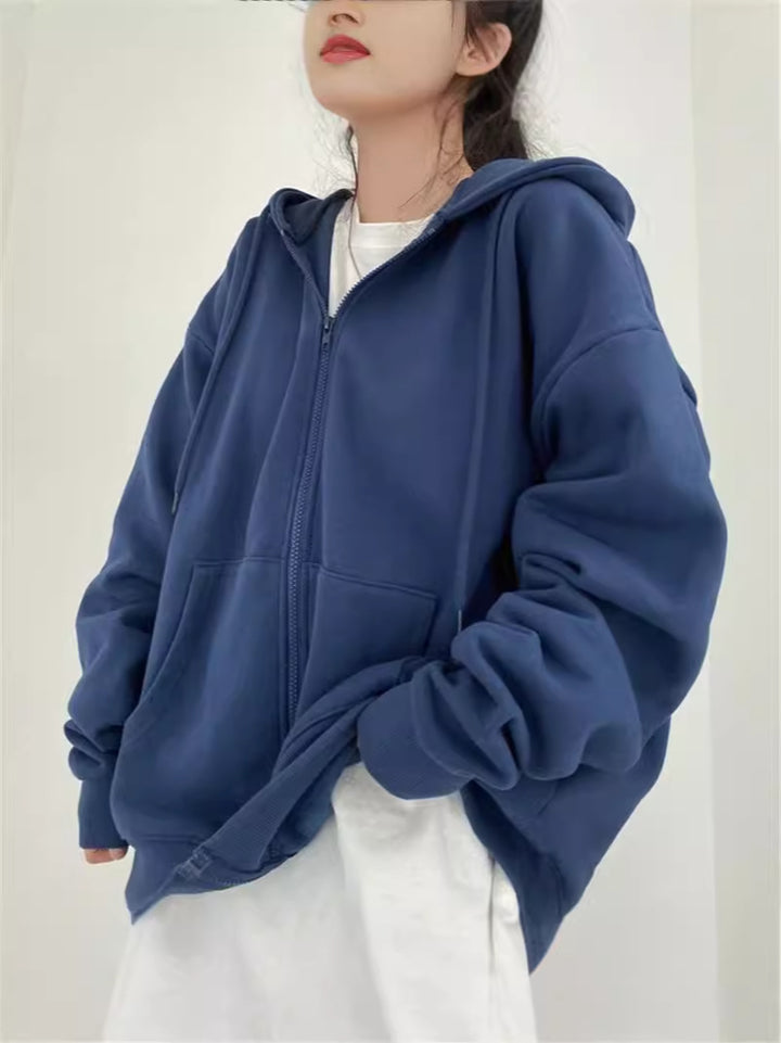 Drune Zip-up Oversized Solid Pocket Hooded Langarm Lose Baseball Jacke