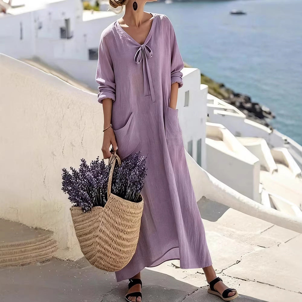 Damen Maxikleid mit seitlichen Taschen und Schleifendetails Drune
