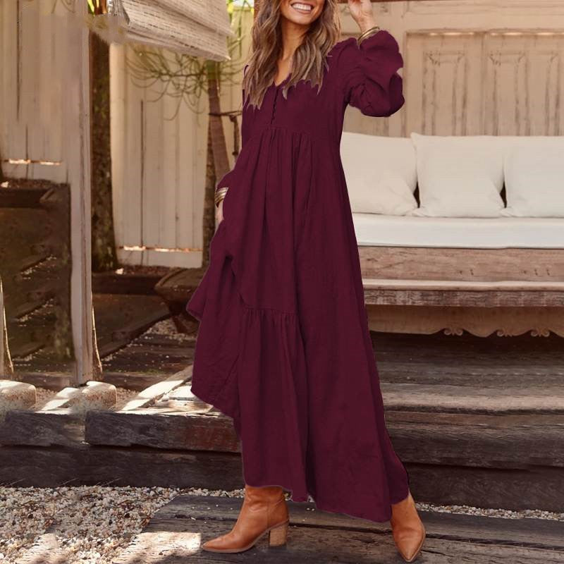 Damen nan luftiges Maxikleid mit V-Ausschnitt, Langarm und Eingrifftaschen Drune