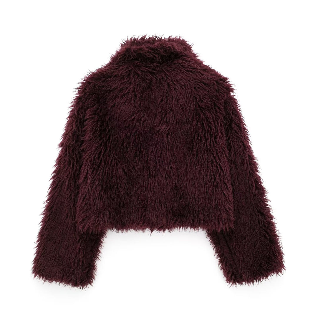 Damen nan kurze kuschelige Kunstfell-Cropped-Jacke mit großzügigem Schalkragen und offener Front Drune