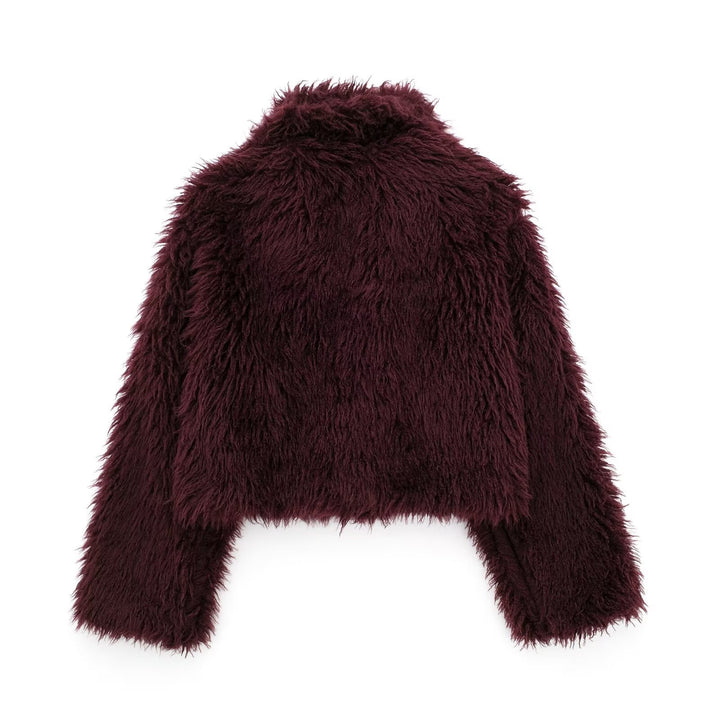 Damen nan kurze kuschelige Kunstfell-Cropped-Jacke mit großzügigem Schalkragen und offener Front Drune