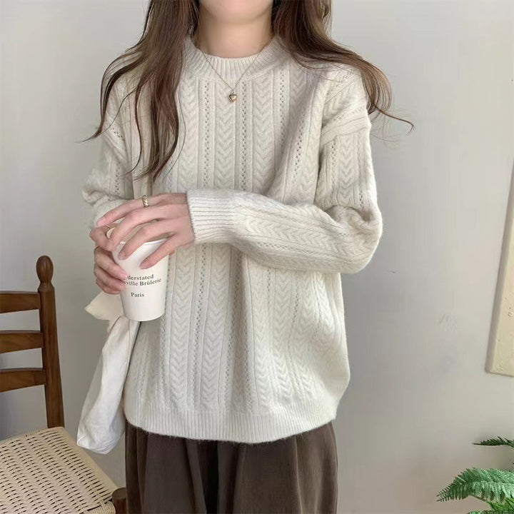 Damen Grobstrickpullover mit modernem Zopfmuster und hohem Rundhalsausschnitt Drune