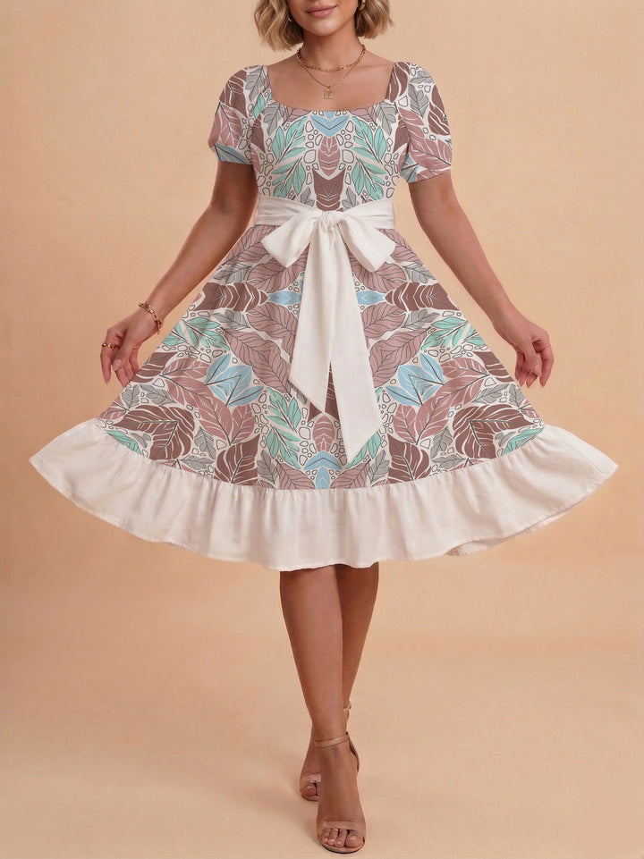 Damen elegantes Maxikleid mit floralem Design und Taillengürtel Drune