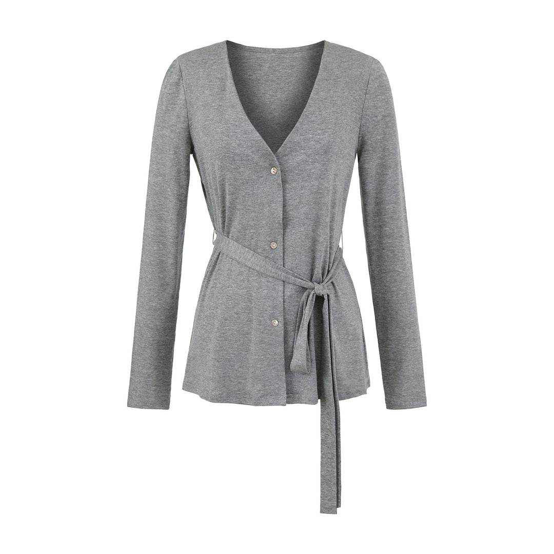 Damen elegante Strickjacke mit Taillengürtel und stilvollen Knopfdetails Drune