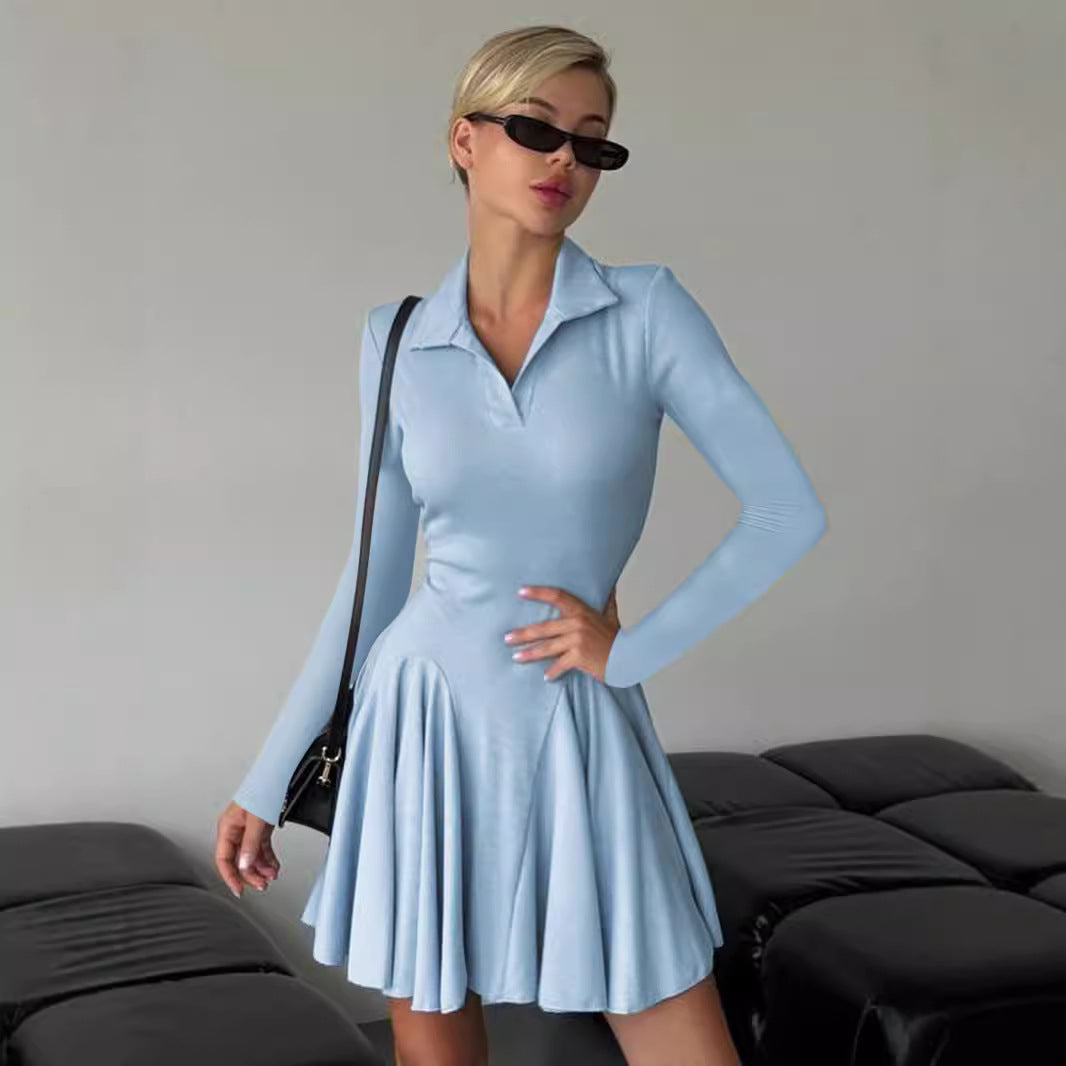Damen Polo-Kleid mit langen Ärmeln und schwingendem Rock Drune