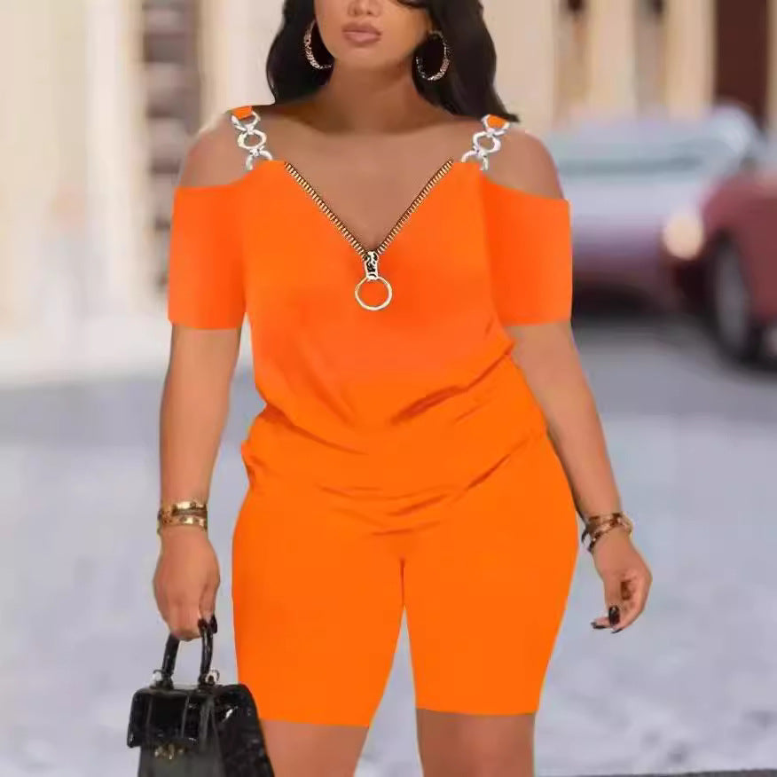 Damen Modischer Jumpsuit mit Off-Shoulder-Ausschnitt und Reißverschluss Drune