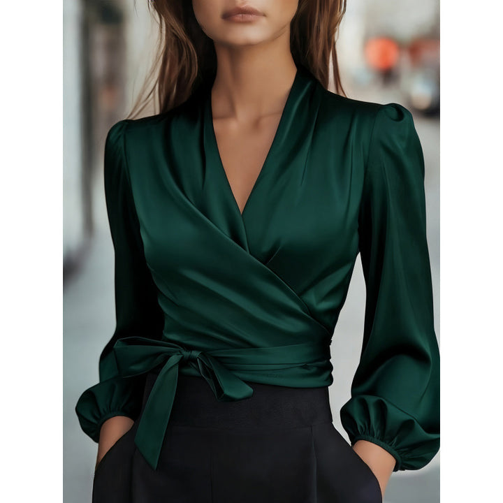 Damen Wickelbluse aus luxuriösem Satin mit eleganten Puffärmeln Drune