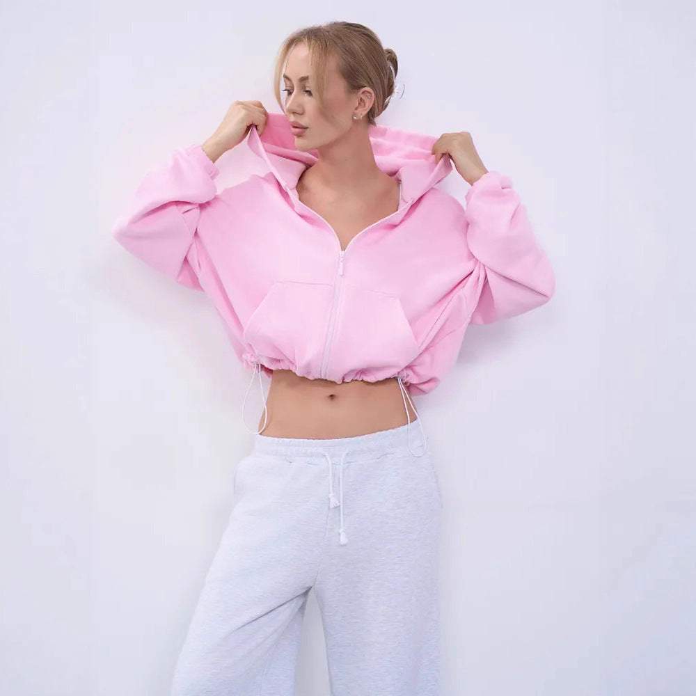 Damen lässiger cropped Kapuzenpullover mit Reißverschluss und weiten Ärmeln Drune