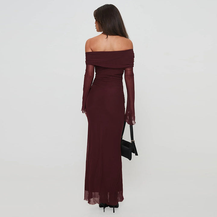 Damen figurbetontes Maxikleid mit schulterfreiem Design und Rüschendetails Drune