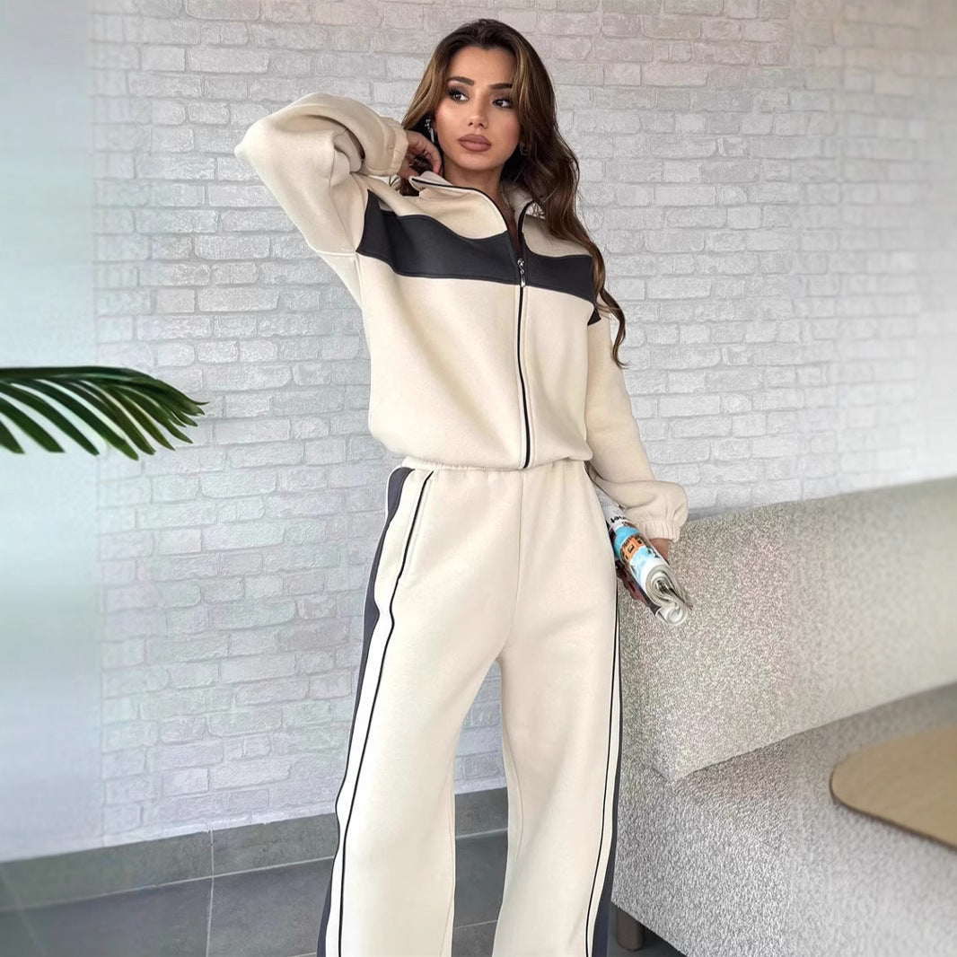 Damen Sportlicher Fleece-Loungewear-Anzug mit Reißverschluss Drune