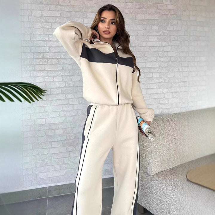 Damen sportlicher Fleece-Jogginganzug mit durchgehendem Reißverschluss und elastischen Bündchen Drune