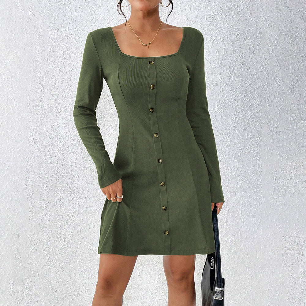Damen Knopfleiste Kleid mit langem Arm und Quadrat-Ausschnitt Drune