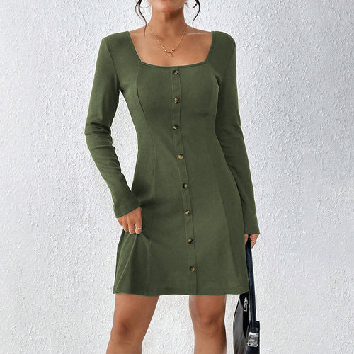 Damen Knopfleiste Kleid mit langem Arm und Quadrat-Ausschnitt Drune