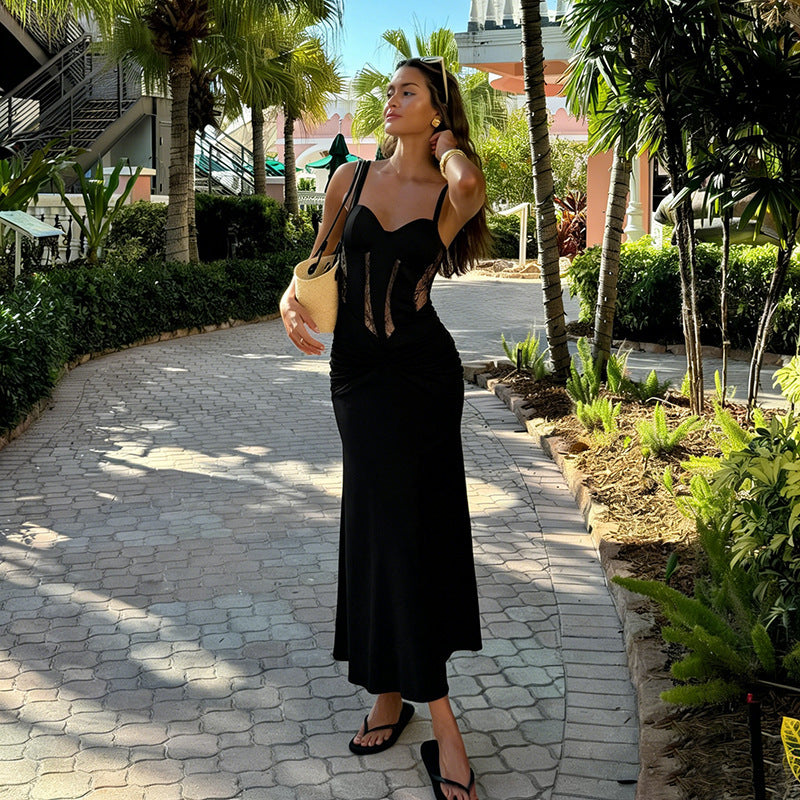 Damen Elegantes bodenlanges Kleid mit raffiniertem Spitzenoberteil und taillierten Details Drune