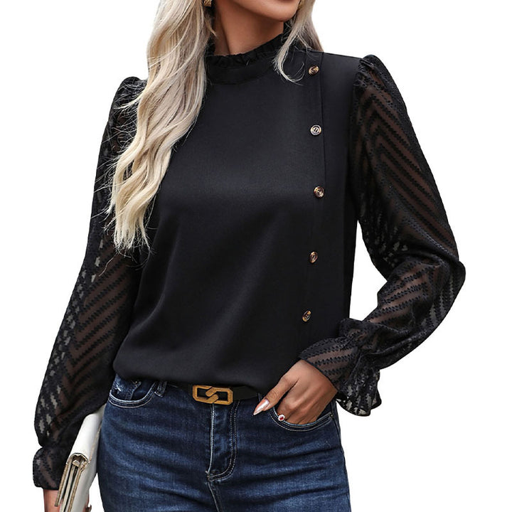Damen Elegantes Blusenshirt mit transparenten Ärmeln und Knopfdetails Drune