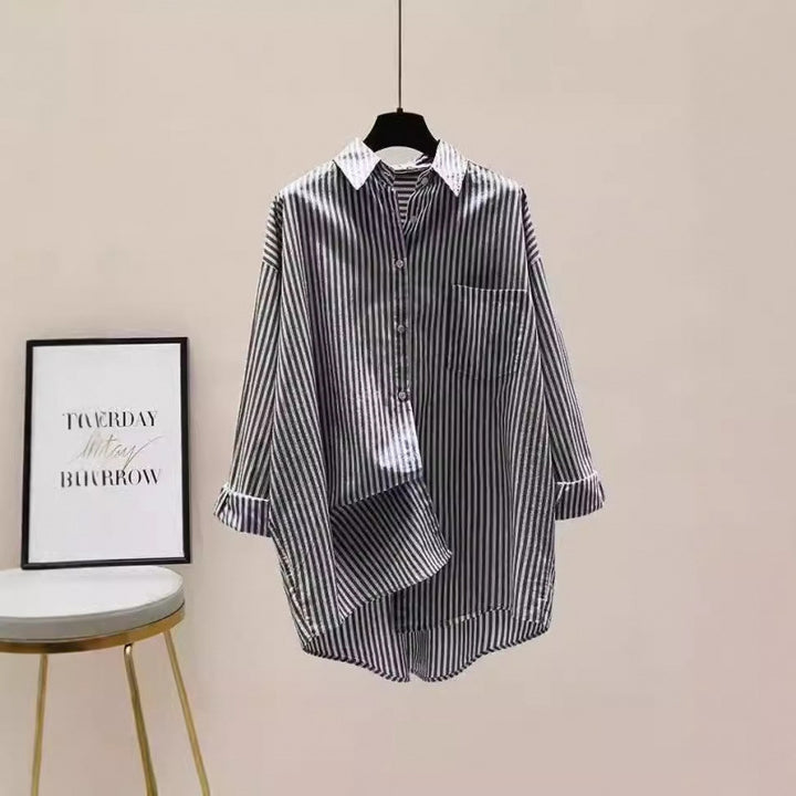 Damen gestreiftes Oversized-Hemd mit längerer Rückseite und praktischer Brusttasche Drune