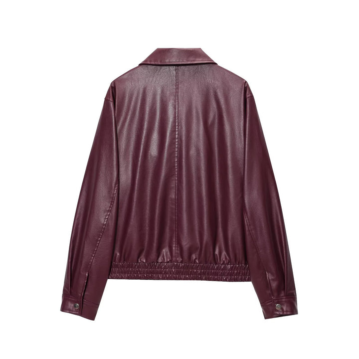Damen modische Kunstlederjacke mit elastischem Bund und Stehkragen Drune