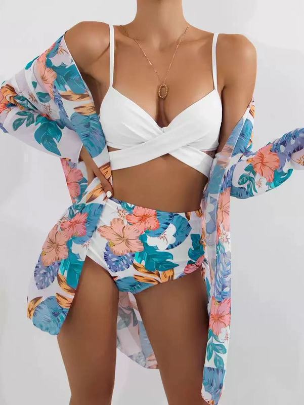 Damen Bikiniset mit floralem Kimono und hoch taillierter Hose Drune