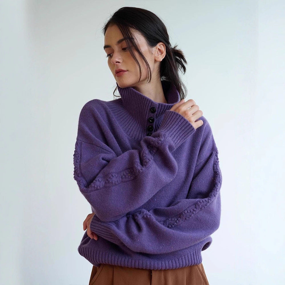 Damen modischer Rollkragenpullover mit Knopfdetails Drune
