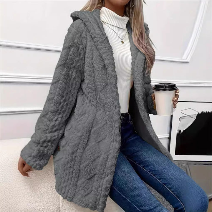 Damen kuschelige Knopfjacke mit hohem Kragen Drune
