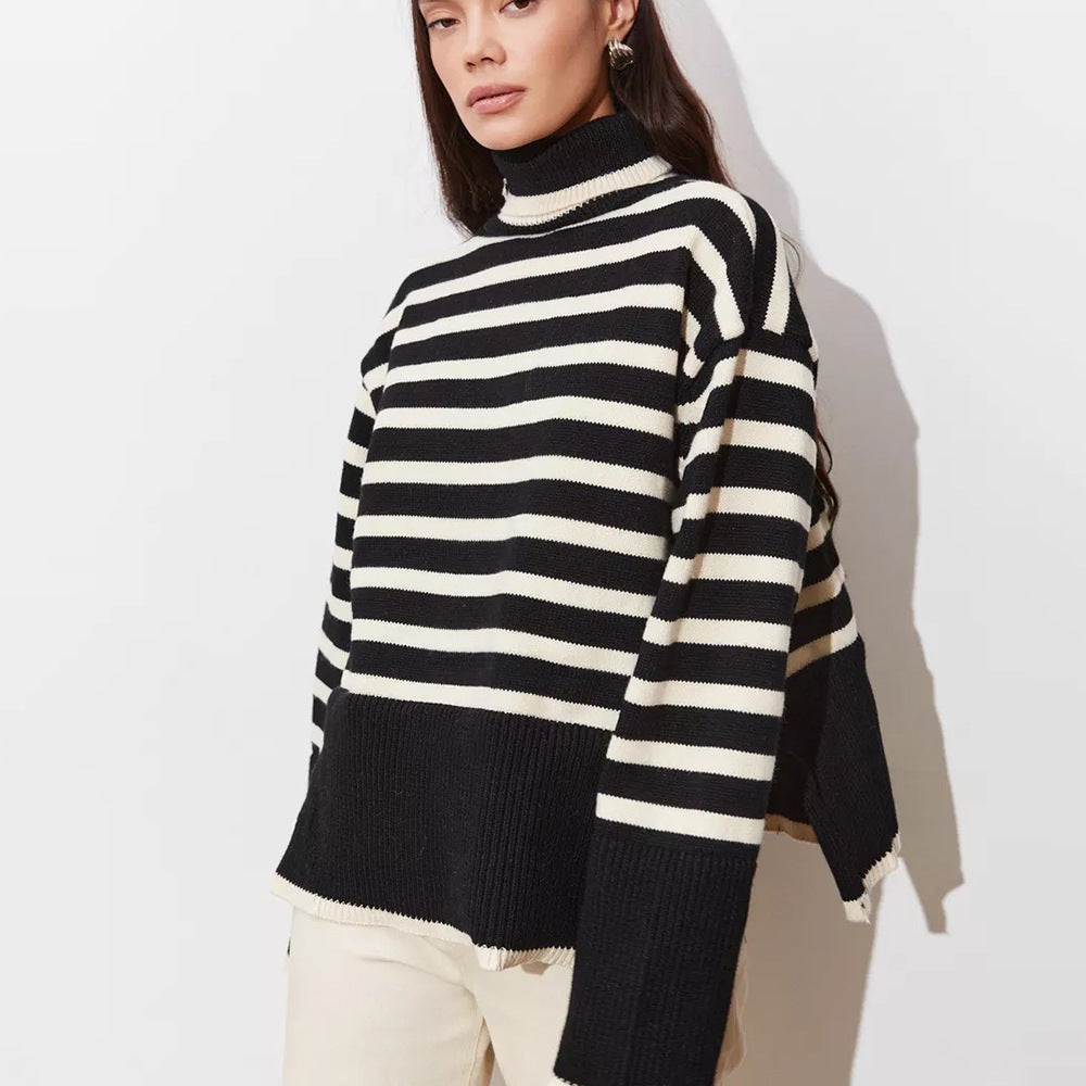 Damen gestreifter Pullover mit hohem Kragen und lässigem Schnitt Drune