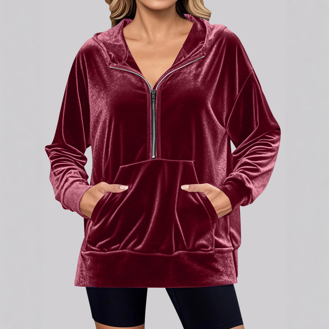 Damen Hochwertiger Kapuzenpullover aus Samt mit Reißverschluss Drune