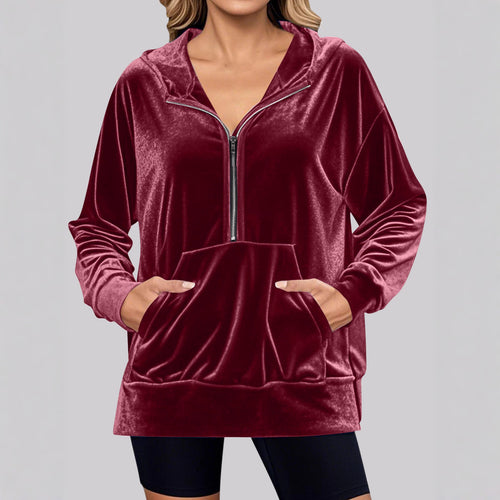 Damen Hochwertiger Kapuzenpullover aus Samt mit Reißverschluss Drune
