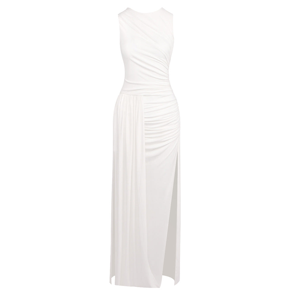 Damen Elegantes langes Kleid mit drapiertem Rock und seitlichem Schlitz Drune