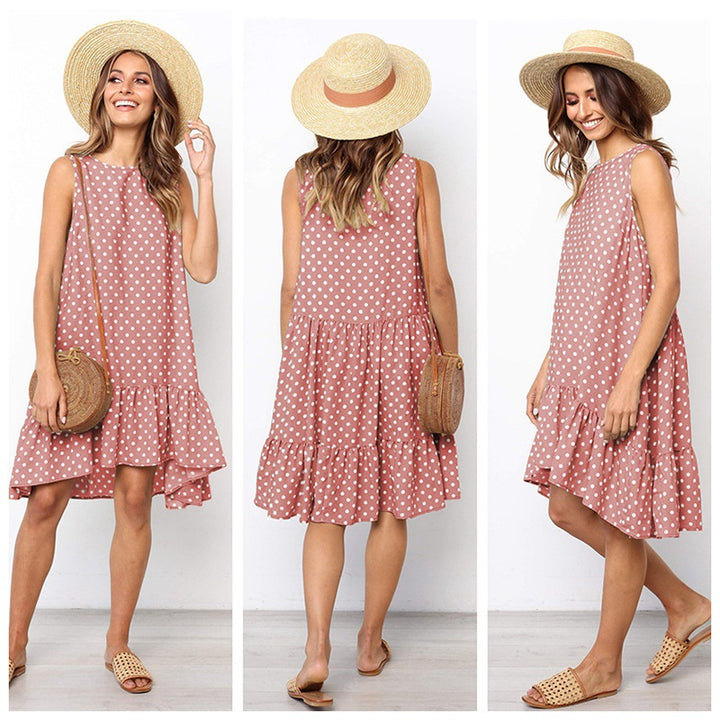 Damen Sommerliches A-Linien Kleid mit Rüschensaum und Punkten Drune