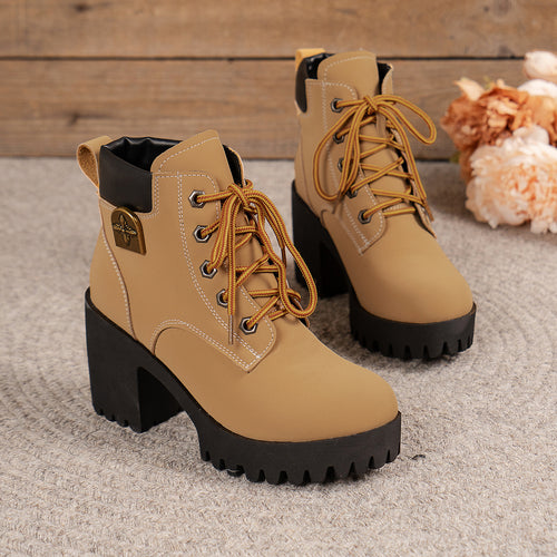 Damen nan knöchelhohe Schnürstiefelette mit robustem Profilabsatz und gepolstertem Schaft Drune