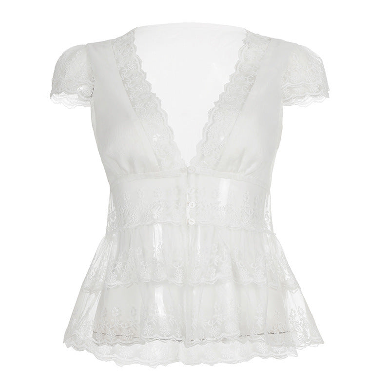 Damen Spitzenbluse mit Rüschendetails und tiefem V-Ausschnitt Drune