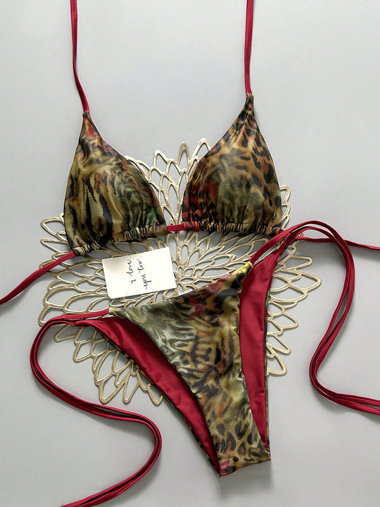 Damen Triangel-Bikini-Set mit verstellbaren Bindebändern und animalischem Design Drune