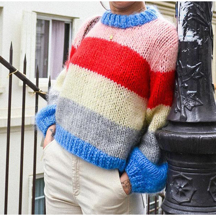 Damen Farbiger Strickpullover mit kontrastierenden Mustern Drune
