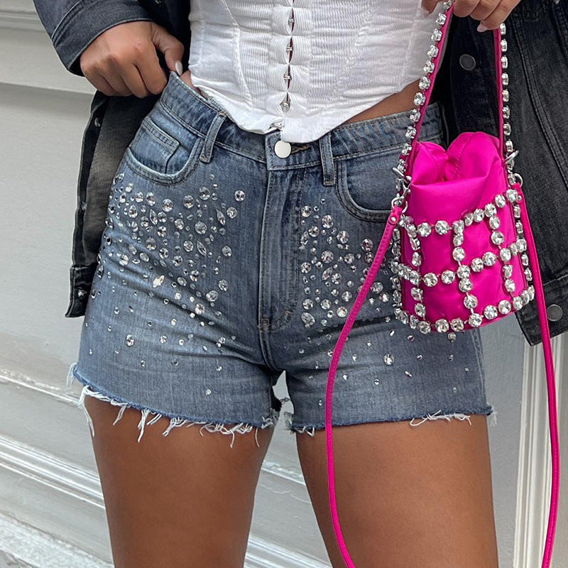 Damen Designer-Shorts mit funkelnden Strass-Steinen und fransigem Saum Drune