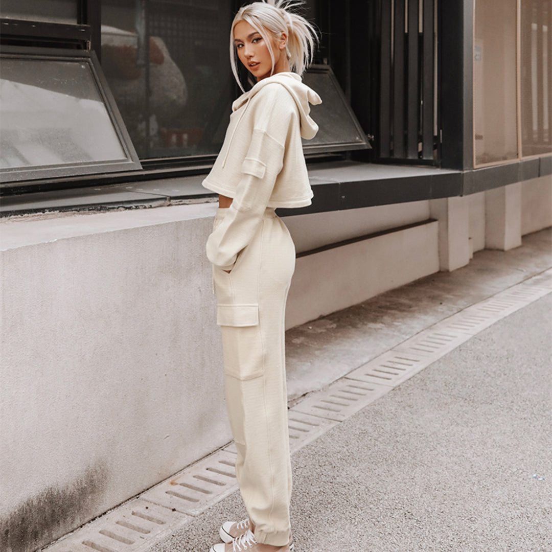 Damen nan Cropped Kapuzenpullover mit Highwaist Cargo-Joggingshose Set Drune