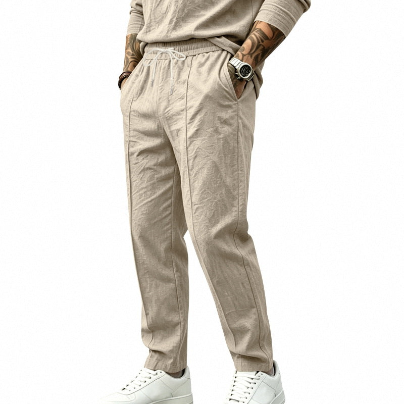 Herren nan tapered Freizeit-Chinohose mit elastischem Tunnelzugbund, dekorativer Bügelfalte und seitlichen Eingrifftaschen Drune