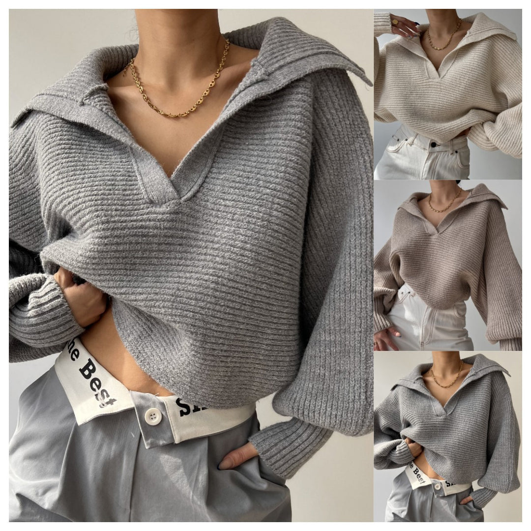 Damen nan Grobstrick-Pullover mit weitem Kragen und V-Ausschnitt Drune