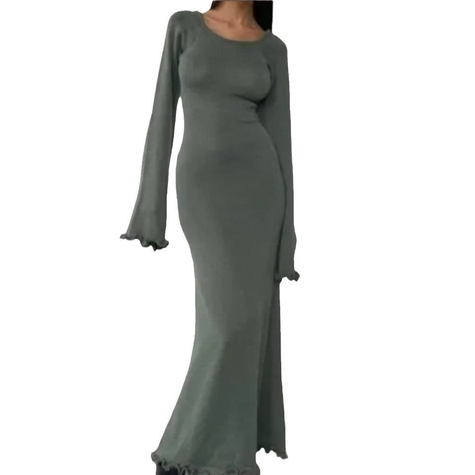 Damen Elegantes Maxikleid mit raffiniertem Rippdesign und fransigen Ärmeln Drune