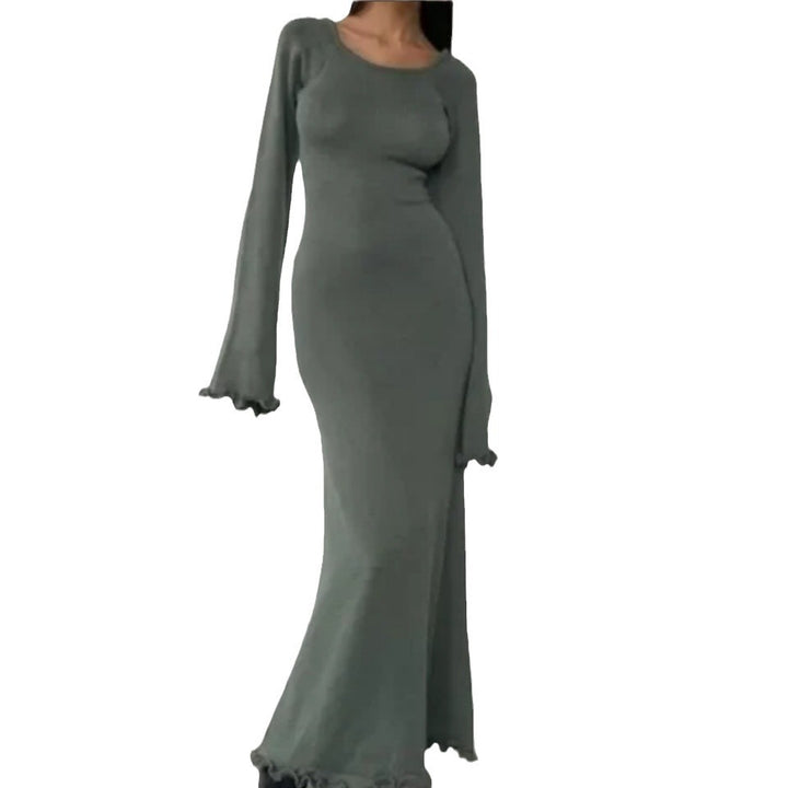 Damen Elegantes Maxikleid mit raffiniertem Rippdesign und fransigen Ärmeln Drune