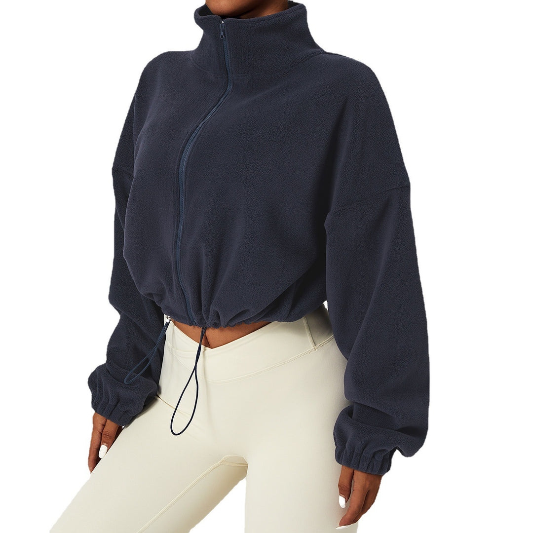 Damen kürzerer Fleece-Pullover mit hohem Kragen und Kordelzug Drune
