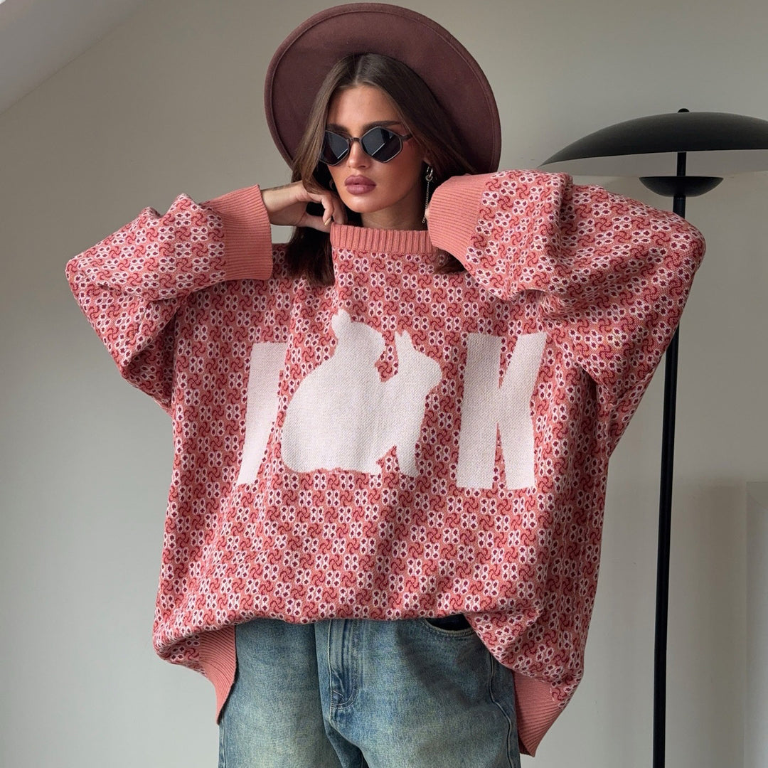 Damen Oversized Strickpullover mit kreativem Motiv Drune