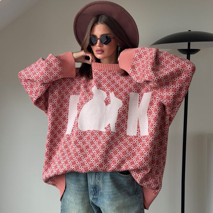 Damen Oversized Strickpullover mit kreativem Motiv Drune